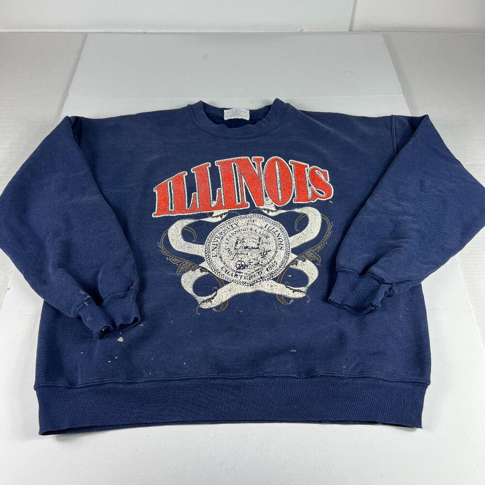 VTG 90s Dodger Illinois Fighting Illini Sweatshirt Large Blue Thrashed Crewneck